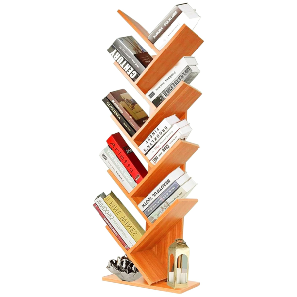 KRAYOG 9-Tier Tree-Shaped Bookshelf – Freestanding Wooden Book Rack for Wall or Floor, Modern Organizer for Books, Decor & Magazines in Living Room, Bedroom & Office (Dark Brown)