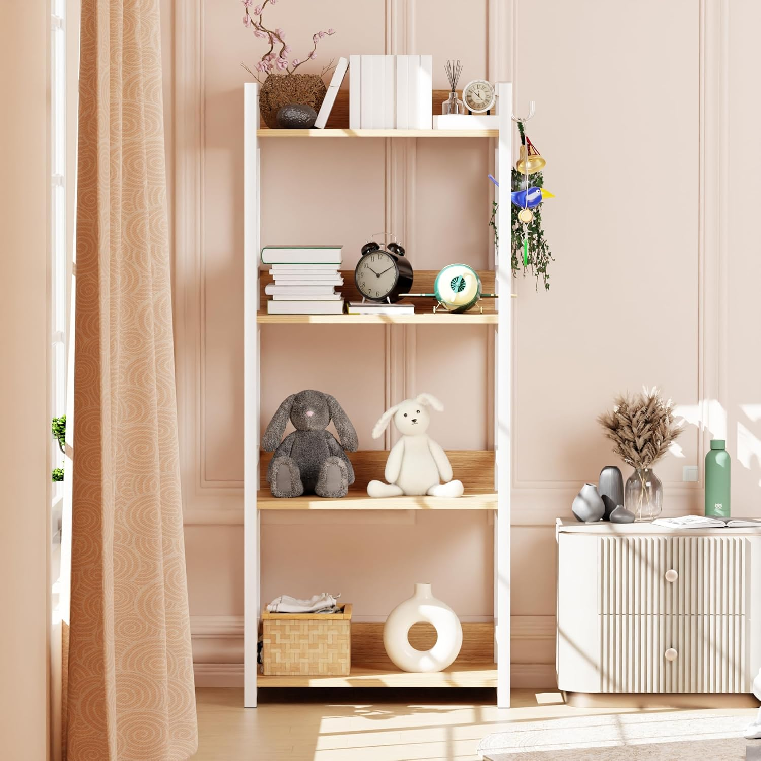 81-NPYa3nXL._SL1500_ KRAYOG 4-Tier Multipurpose Storage Rack – Heavy Duty Metal & Wood Kitchen Organizer | Space-Saving Microwave Oven Stand for Modular Kitchen, Living Room, Bedroom & Office (MKR-004 / White & Oak Light) - Image 1