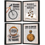 KRAYOG Motivational Quote Frames – Inspirational Wall Art for Office, Students & Study Room (14 x 11 Inches, Set of 4) – Vintage Newspaper Design Collection