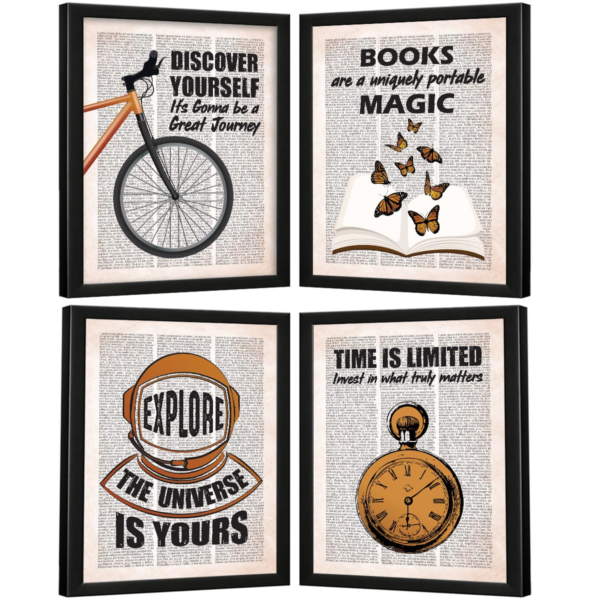 KRAYOG Motivational Quote Frames – Inspirational Wall Art for Office, Students & Study Room (14 x 11 Inches, Set of 4) – Vintage Newspaper Design Collection