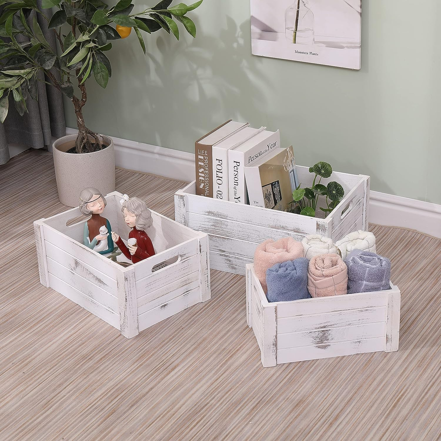 81WNXzlKc3L._SL1500_ KRAYOG Set of 3 Extra Large Rustic White Wooden Storage Crates – Farmhouse Decorative Nesting Boxes for Home Décor - Image 1