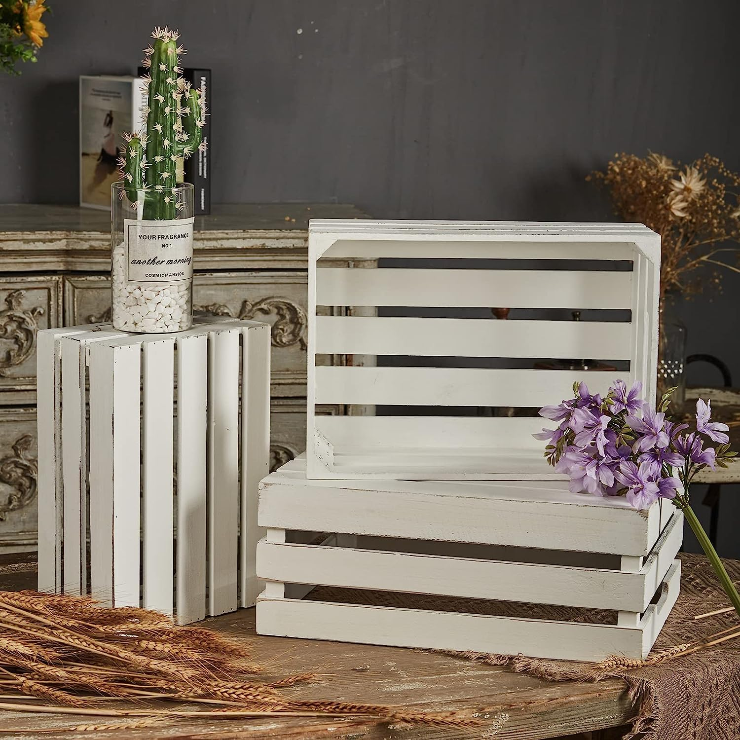 81YjyhYw25L._SL1500_ KRAYOG Rustic White Solid Wood Display Crates – Set of 3 Nesting Farmhouse Storage Boxes with Built-In Handles - Image 1