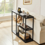 KRAYOG Console Table – 12-Inch Narrow Entryway Table for Living Room | 31.5'' x 31.5'' Industrial Sofa Table with 3-Tier Storage Shelves | Black Marble Finish for Corridor & Hallway