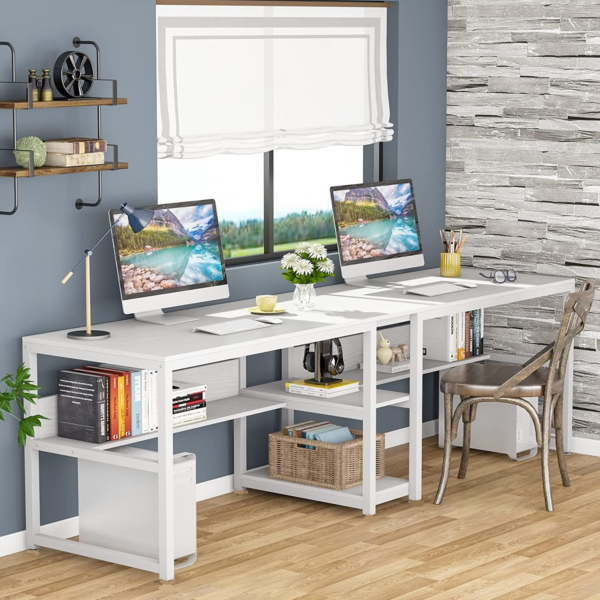 KRAYOG Two-Person Desk – 200 cm Double Workstation for Home & Office – Computer Table with Bookshelf Storage – White Wood & Metal Frame – DIY Assembly