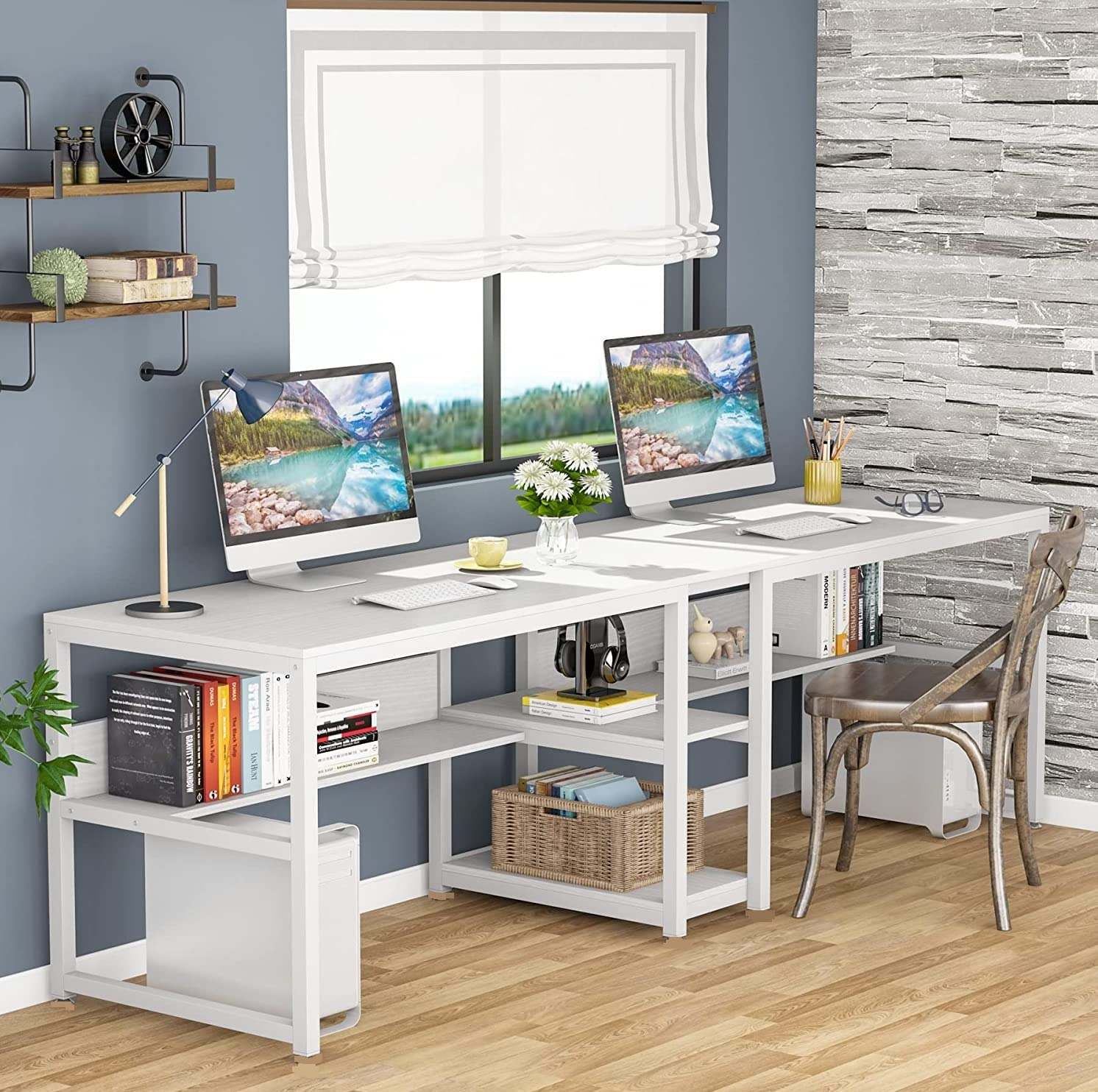 81uQ6j5faPL._SL1492_ KRAYOG Two-Person Desk – 200 cm Double Workstation for Home & Office – Computer Table with Bookshelf Storage – White Wood & Metal Frame – DIY Assembly - Image 1