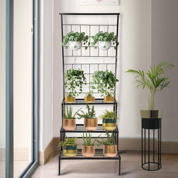 KRAYOG 4-Tier Metal Plant Stand for Living Room & Balcony | Indoor Flower Pot Holder & Garden Rack | Free-Standing Storage Shelf | 60 x 80 x 134 cm (3 Shelves)
